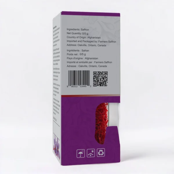 0.5g premium Afghan saffron - packaged in Canada by Farmers Saffron with barcode and origin details