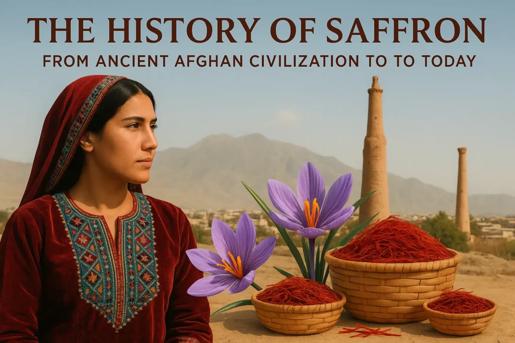 Traditional Afghan woman with saffron and Herat minarets